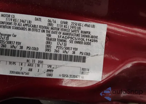 2016 Ford C-Max Energi Sel z USA, uszkodzony, nr VIN 1FADP5CUXGL114286